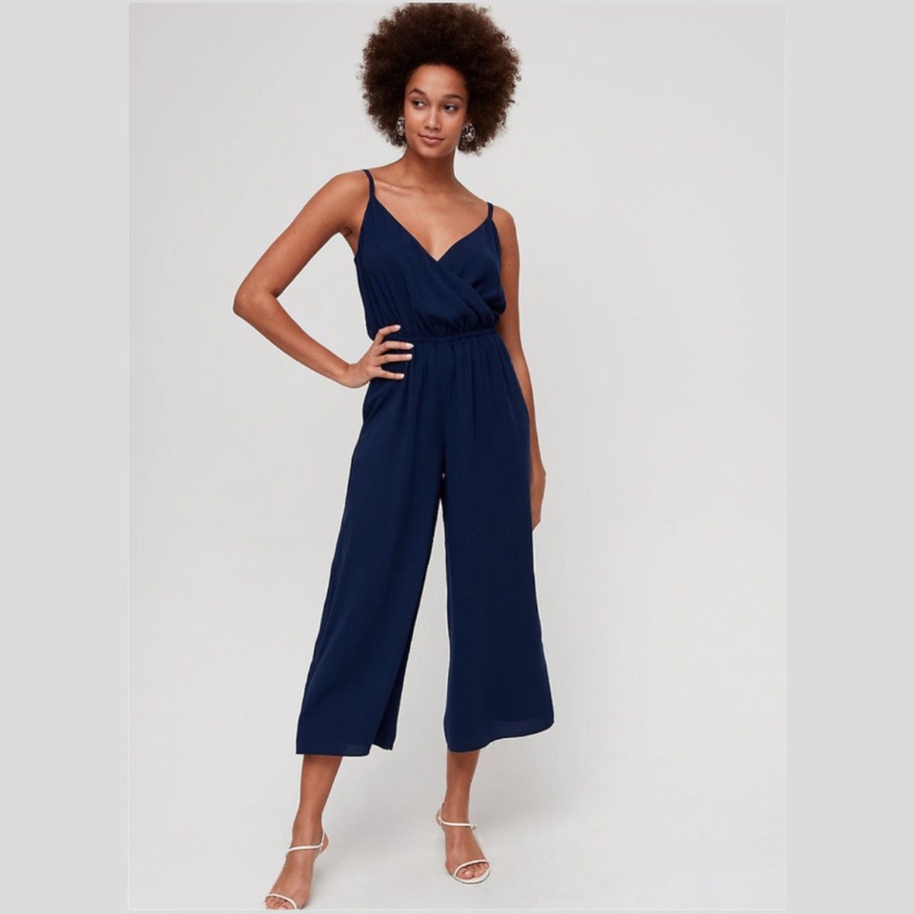 WILFRED ARITZIA Melodie V-Neck Wide Leg Jumpsuit in Navy Blue Alize - Size XS